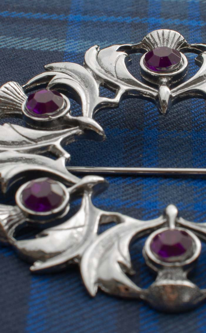 Jewelled Scottish Thistles Plaid Brooch CLAN